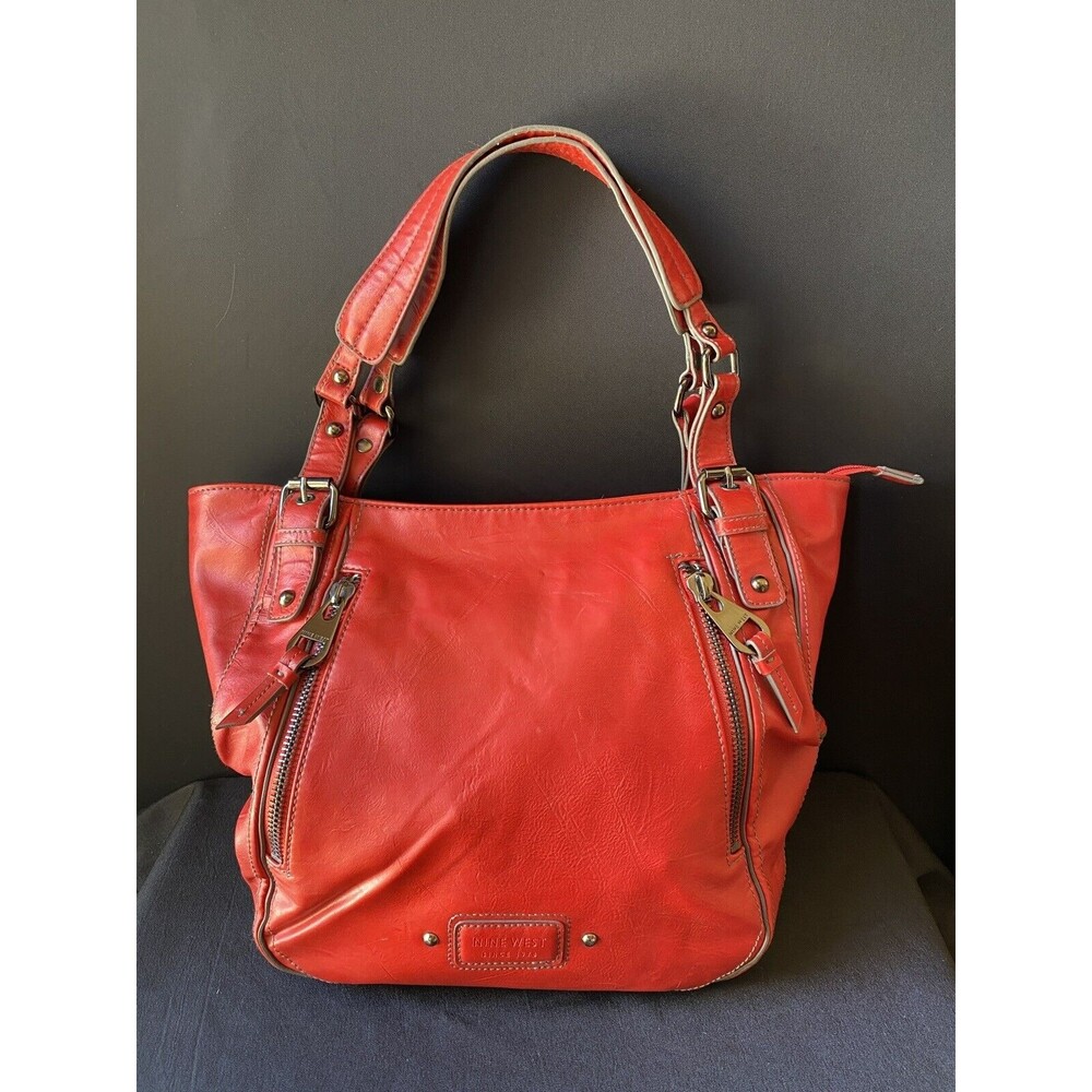 Red Nine West Faux Leather Shoulder Bag Large Tote Purse